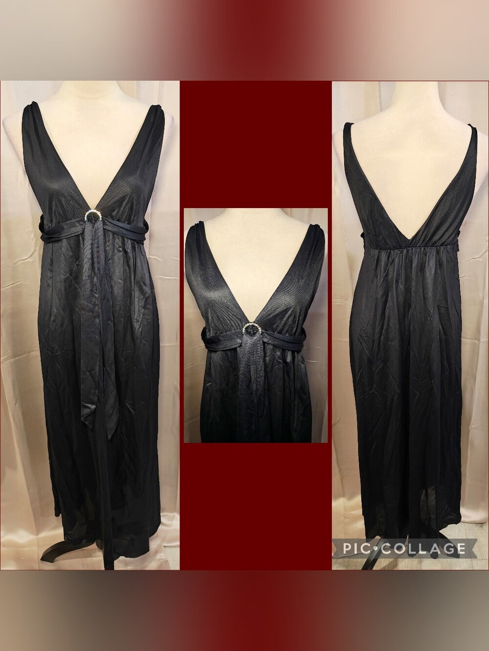 🖤VTG 70s Mistee Grecian Goddess Black Plunge Maxi Dress Gown🖤